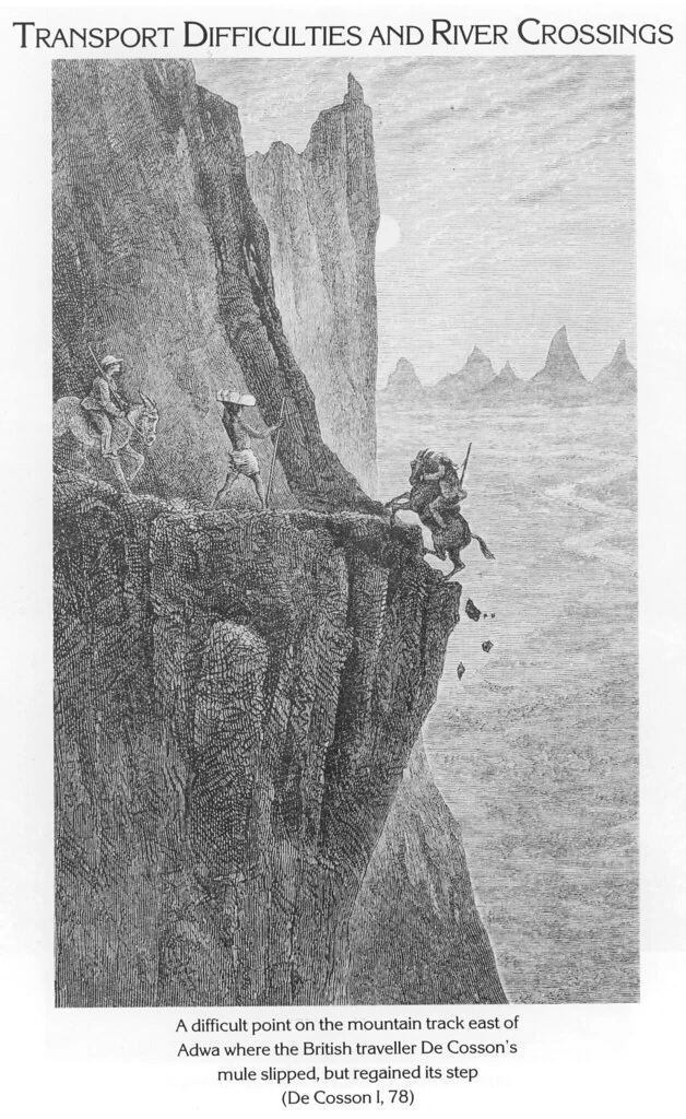 A difficult point on the mountain track east of Adwa where the British traveller De Cosson’s mule slipped, but regained its step (De Cosson I, 78)