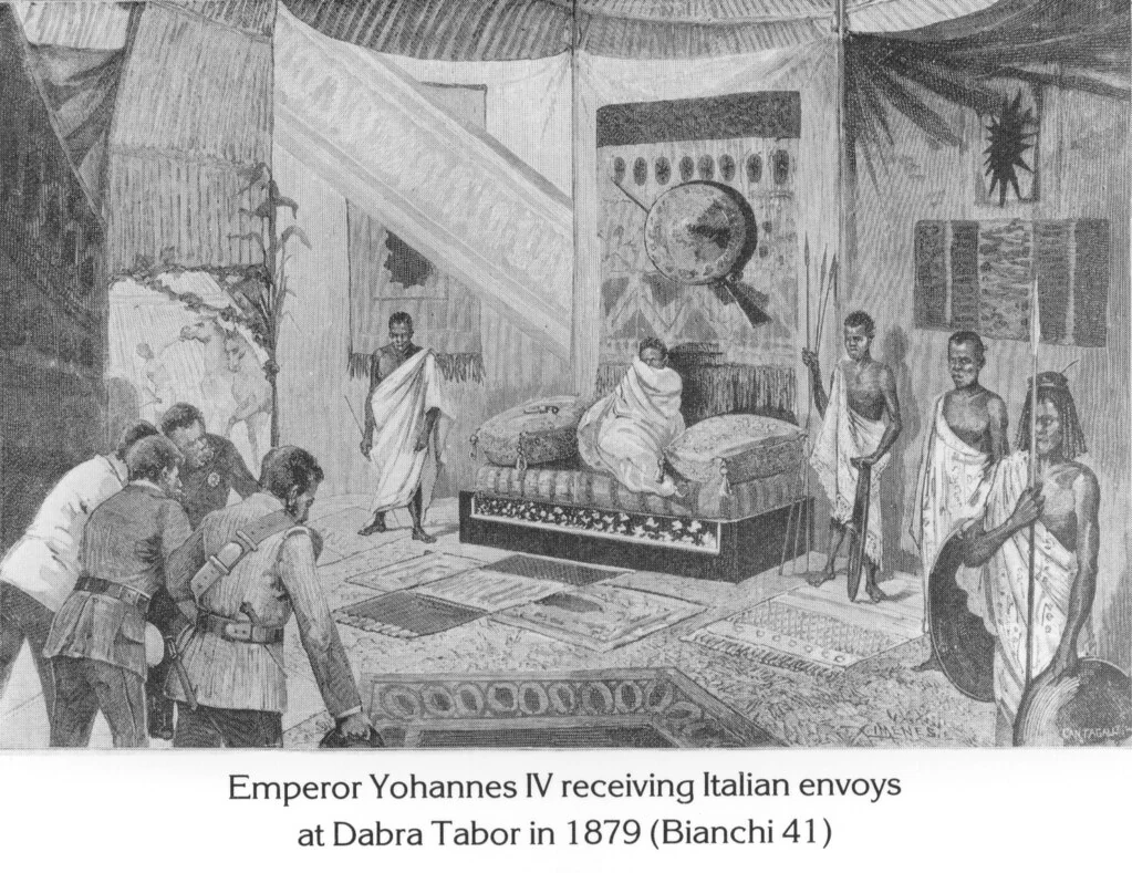 Emperor Yohannes IV receiving Italian envoys at Dabra Tabor in 1879 (Bianchi 41)