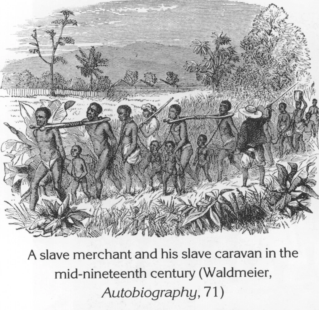 A slave merchant and his slave caravan in the mid-nineteenth century (Waldmeier, Autobiography, 71)
