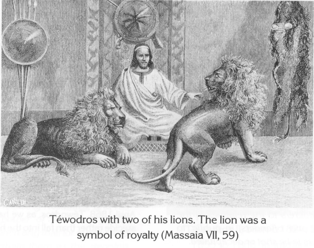 Téwodros with two of his lions. The lion was a symbol of royalty (Massaia VII, 59)