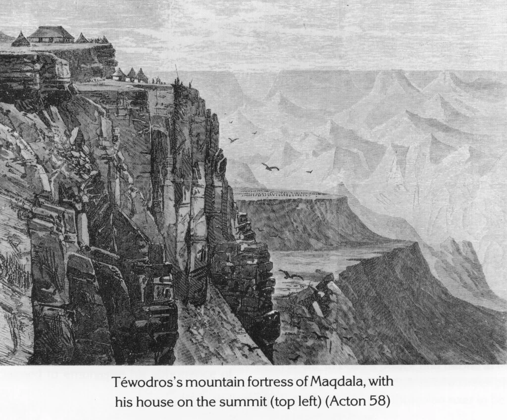 Téwodros's mountain fortress of Maqdala, with his house on the summit (top left) (Acton 58)