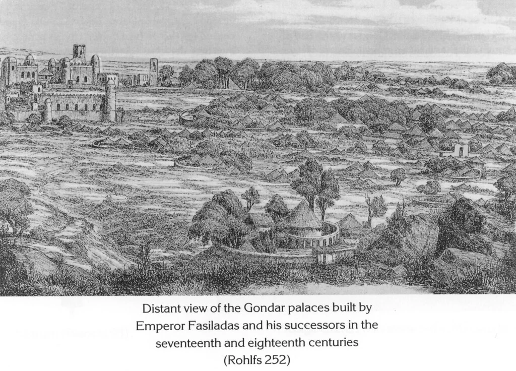 Distant view of the Gondar palaces built by Emperor Fasiladas and his successors in the seventeenth and eighteenth centuries (Rohlfs 252)