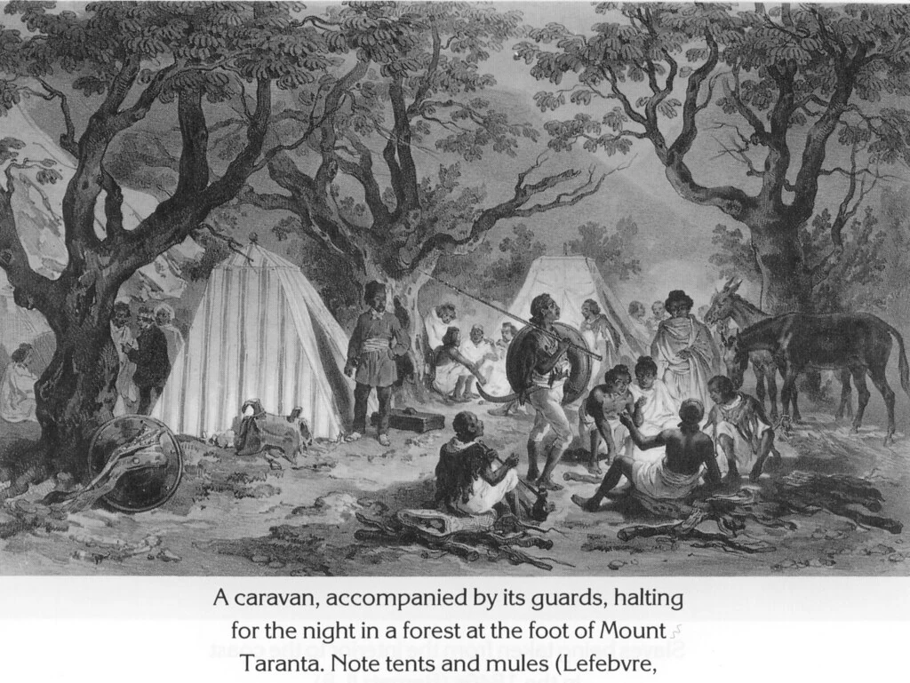 A caravan, accompanied by its guards, halting for the night in a forest at the foot of Mount Taranta. Note tents and mules (Lefebvre,