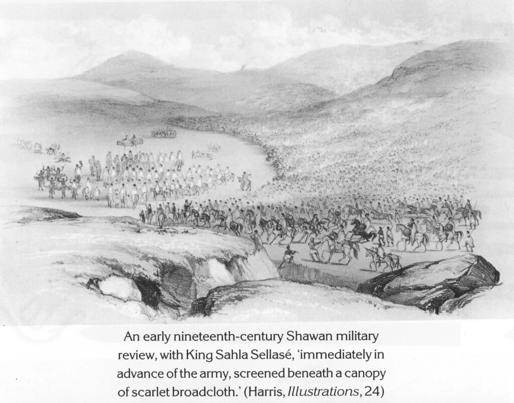 An early nineteenth-century Shawan military review, with King Sahla Sellasé, ‘immediately in advance of the army, screened beneath a canopy of scarlet broadcloth.’ (Harris, Illustrations, 24)