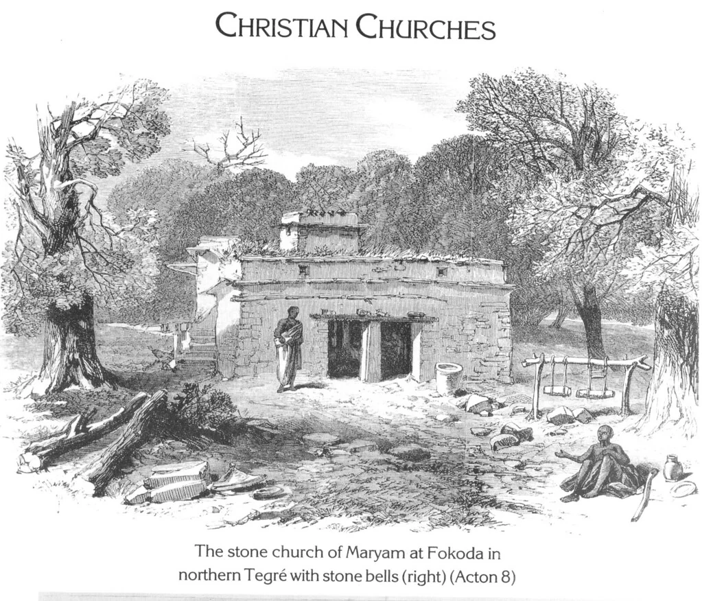The stone church of Maryam at Fokoda in northern Tegré with stone bells (right) (Acton 8)