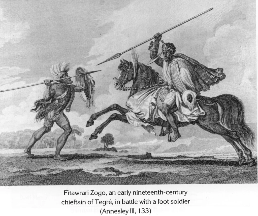 Fitawrari Zogo, an early nineteenth-century chieftain of Tegré, in battle with a foot soldier (Annesley III, 133)