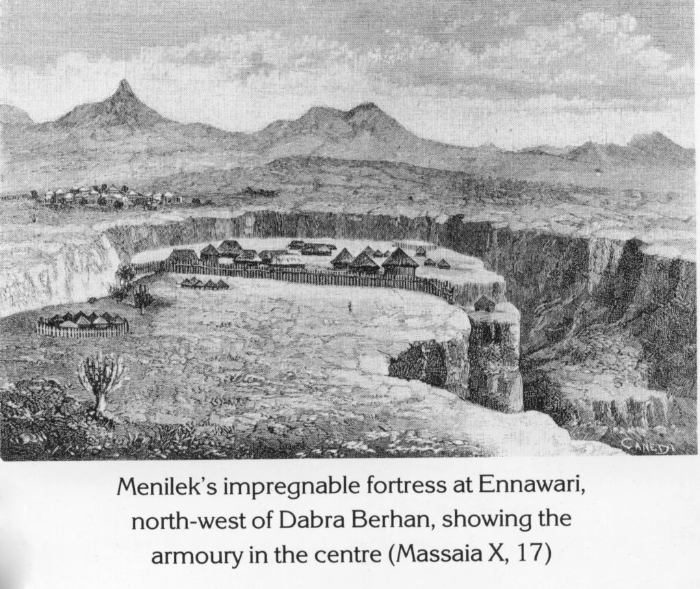 Menilek’s impregnable fortress at Ennawari, north-west of Dabra Berhan, showing the armoury in the centre (Massaia X, 17)