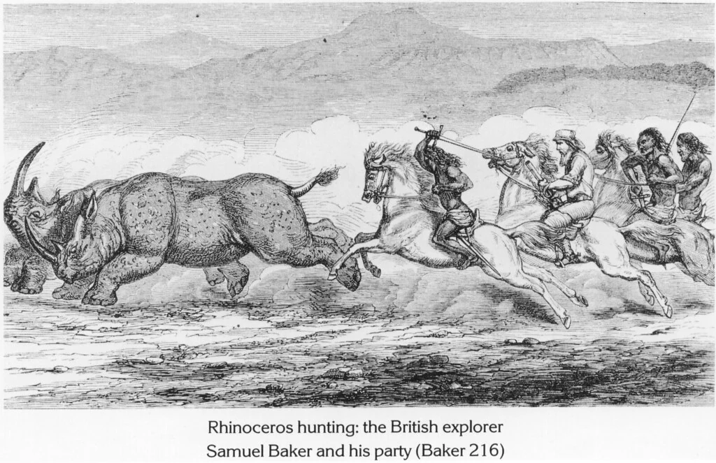 Rhinoceros hunting: the British explorer Samuel Baker and his party (Baker 216)