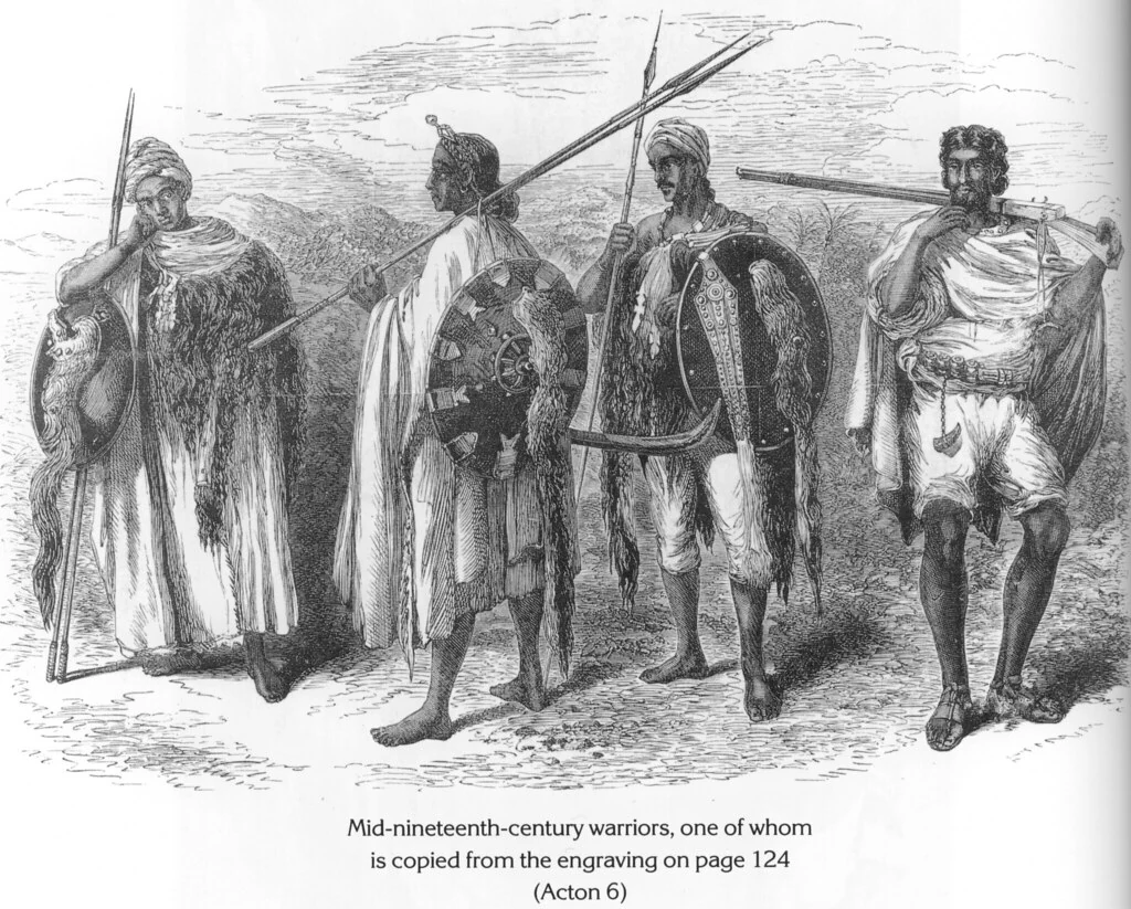 Mid-nineteenth-century warriors, one of whom is copied from the engraving on page 124 (Acton 6)