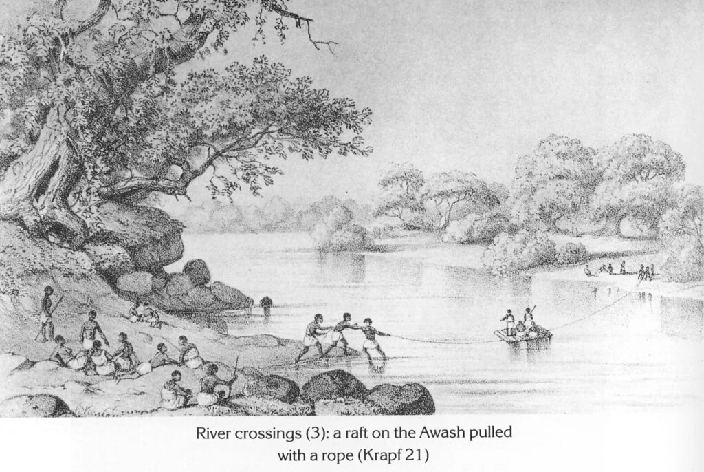 River crossings (3): a raft on the Awash pulled with a rope (Krapf 21)