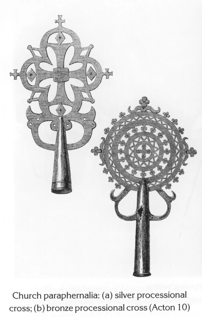 Church paraphernalia: (a) silver processional cross; (b) bronze processional cross (Acton 10)