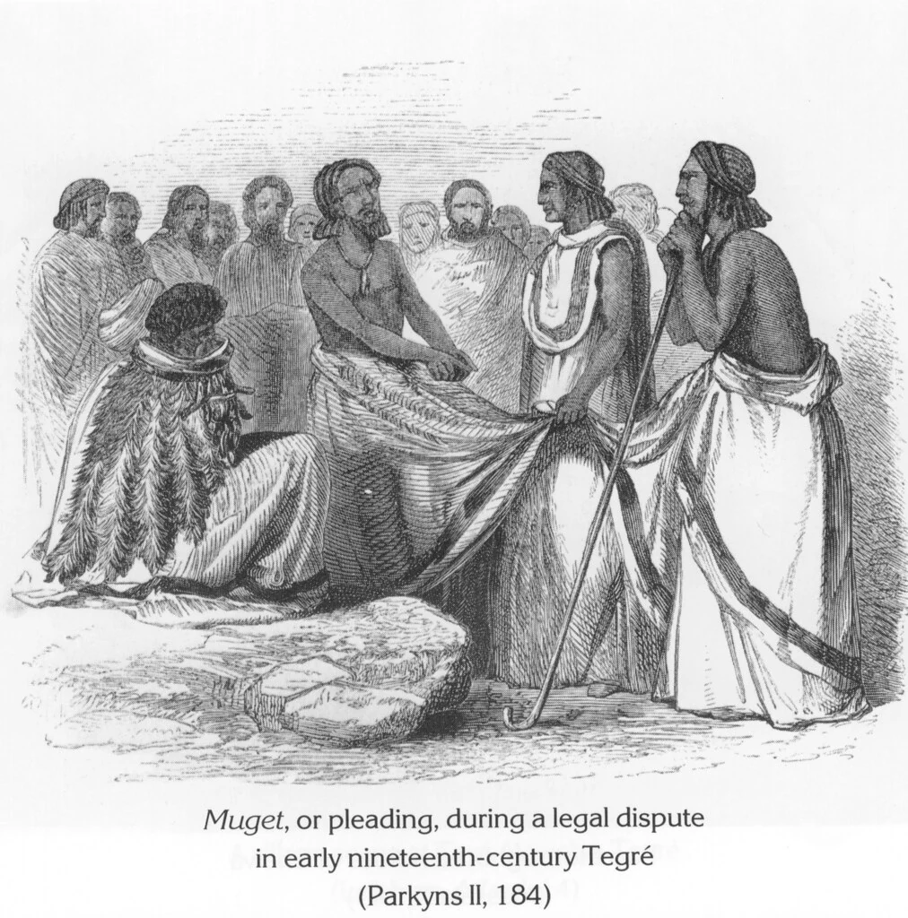 Muget, or pleading, during a legal dispute in early nineteenth-century Tegré (Parkyns II, 184)