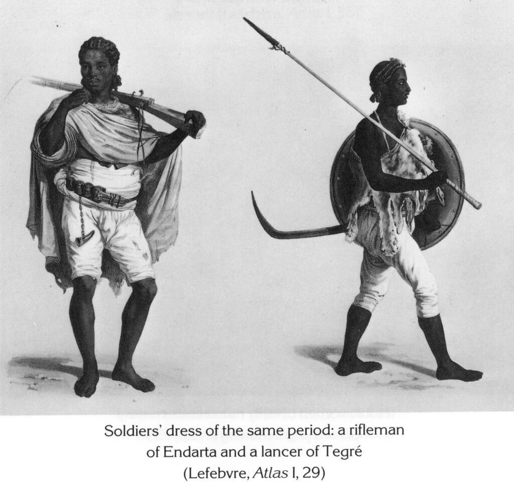 Soldiers' dress of the same period: a rifleman of Endarta and a lancer of Tegré (Lefebvre, Atlas I, 29)