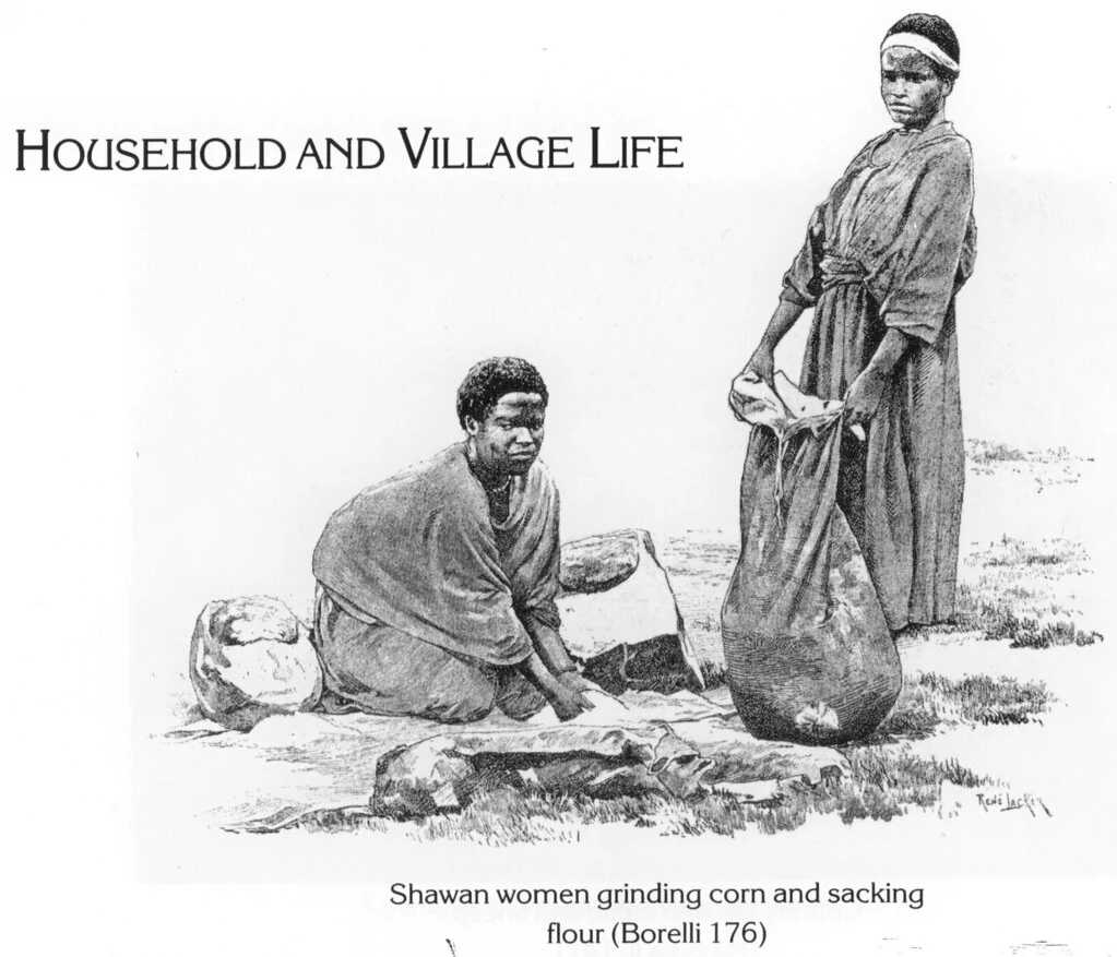Shawan women grinding corn and sacking flour (Borelli 176)
