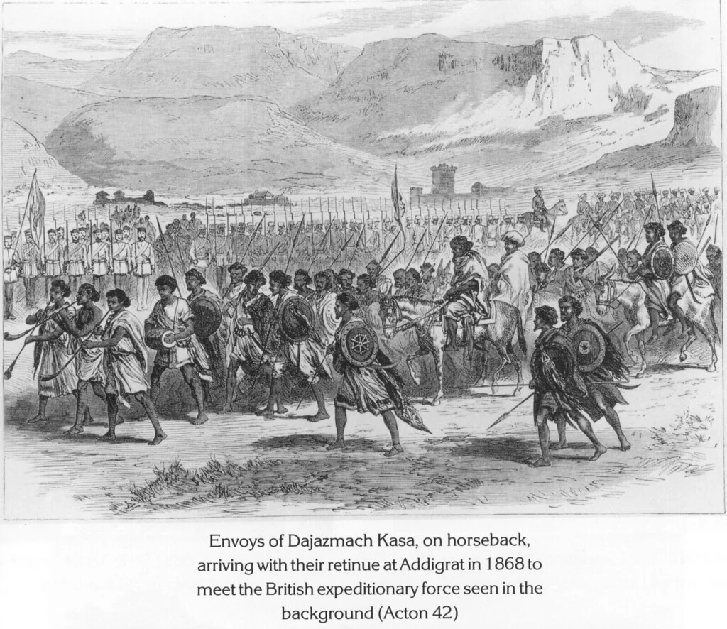 Envoys of Dajazmach Kasa, on horseback, arriving with their retinue at Addigrat in 1868 to meet the British expeditionary force seen in the background (Acton 42)