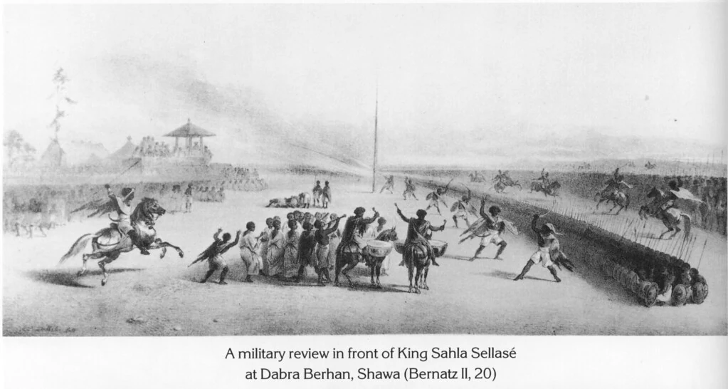 A military review in front of King Sahla Sellasé at Dabra Berhan, Shawa (Bernatz II, 20)