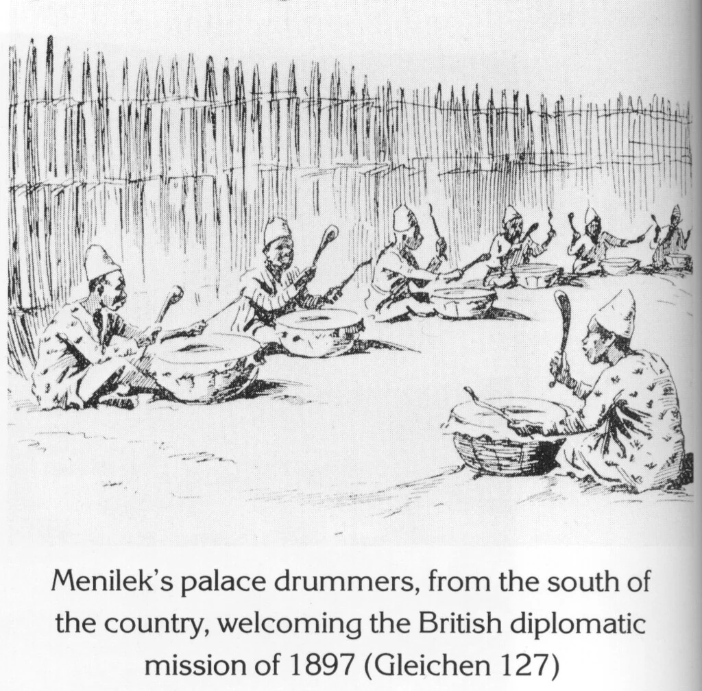 Menilek’s palace drummers, from the south of the country, welcoming the British diplomatic mission of 1897 (Gleichen 127)