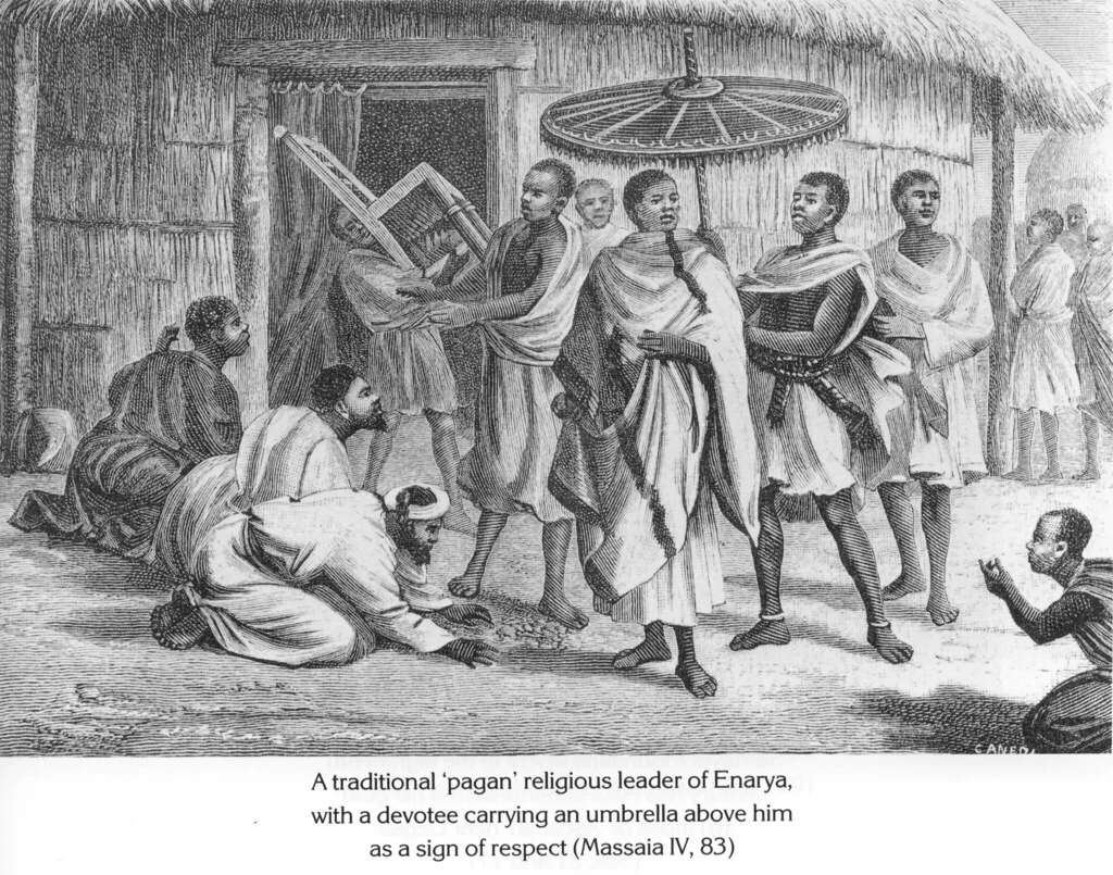 A traditional 'pagan' religious leader of Enarya, with a devotee carrying an umbrella above him as a sign of respect (Massaia IV, 83)