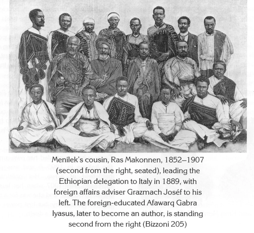 Menilek’s cousin, Ras Makonnen, 1852–1907 (second from the right, seated), leading the Ethiopian delegation to Italy in 1889, with foreign affairs adviser Grazmach Joséf to his left. The foreign-educated Afawarq Gabra Iyasus, later to become an author, is standing second from the right (Bizzoni 205)