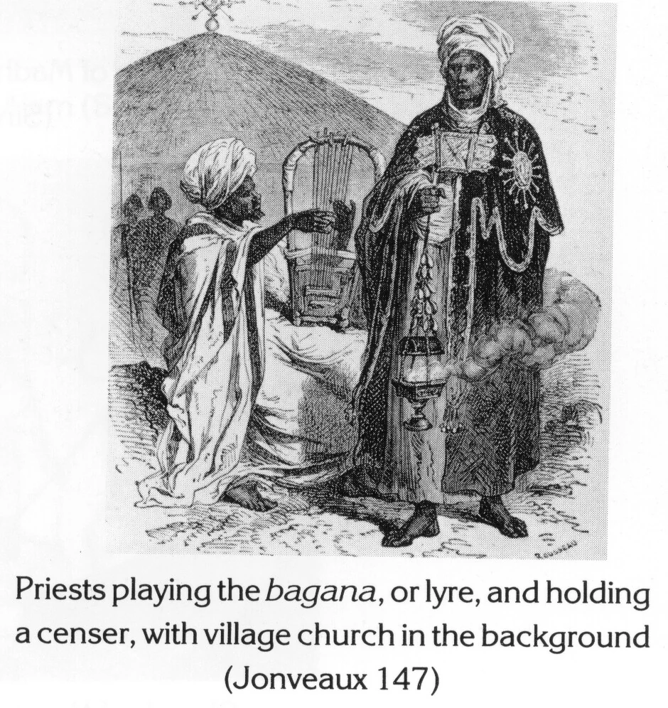 Priests playing the bagana, or lyre, and holding a censer, with village church in the background (Jonveaux 147)