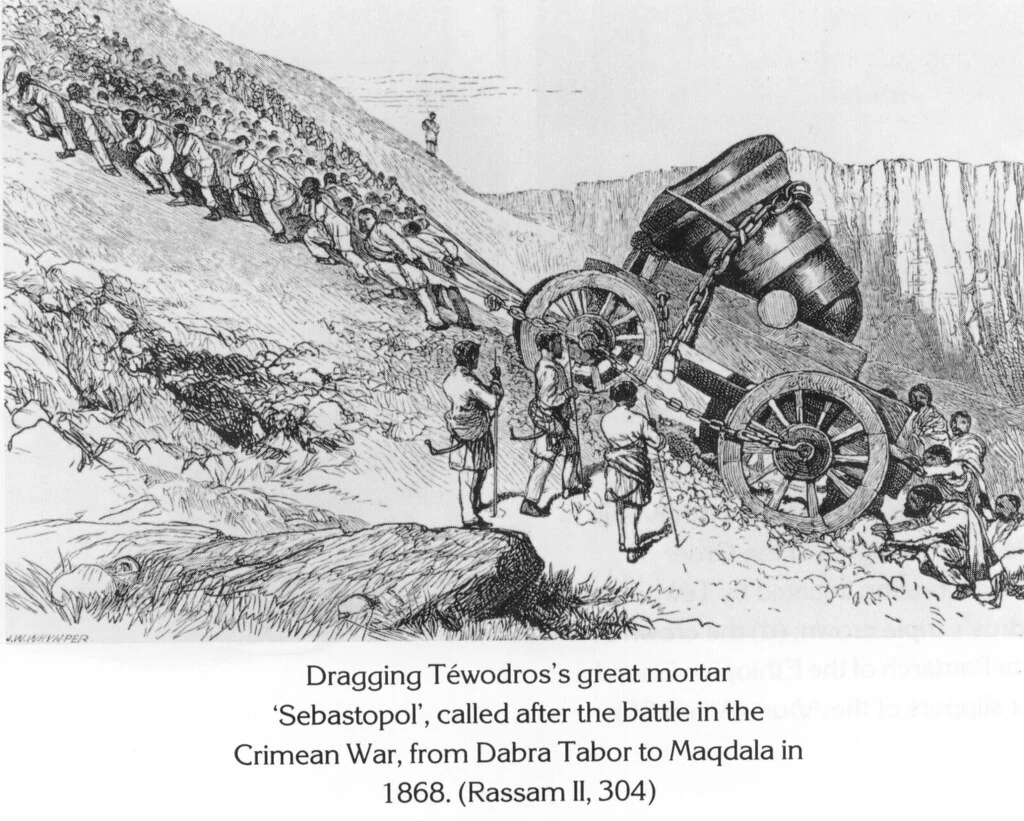 Dragging Téwodros’s great mortar ‘Sebastopol’, called after the battle in the Crimean War, from Dabra Tabor to Maqdala in 1868. (Rassam II, 304)
