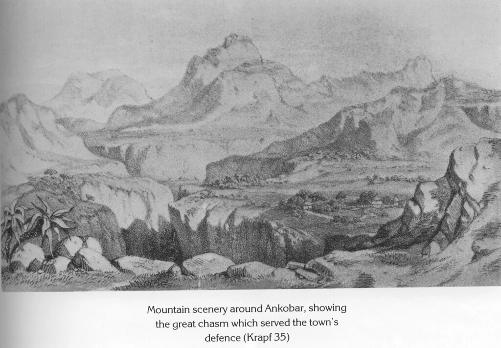 Mountain scenery around Ankobar, showing the great chasm which served the town's defence (Krapf 35)