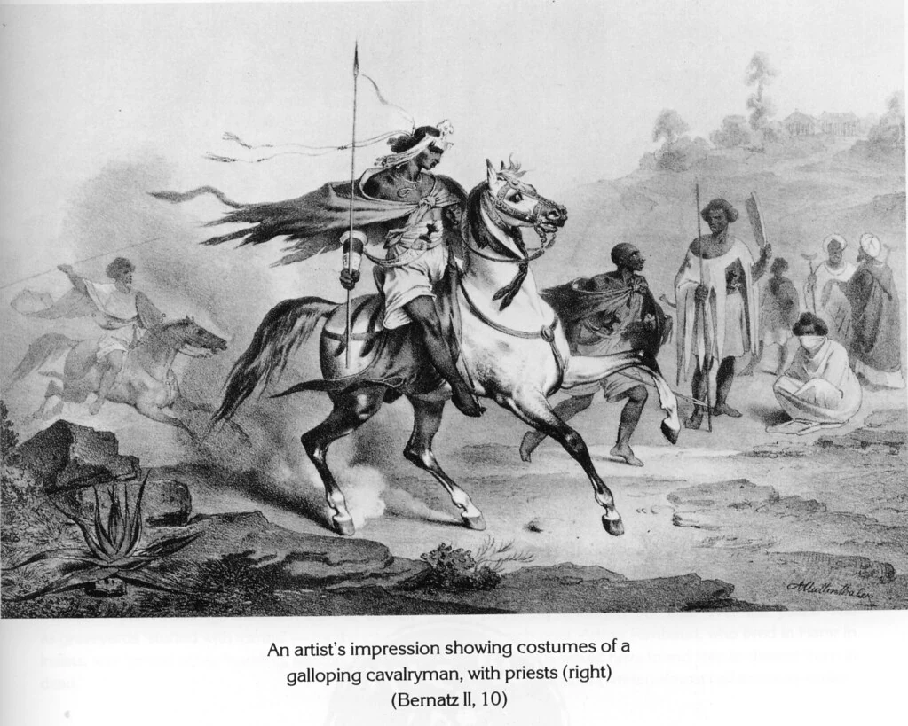 An artist's impression showing costumes of a galloping cavalryman, with priests (right)
(Bernatz II, 10)
