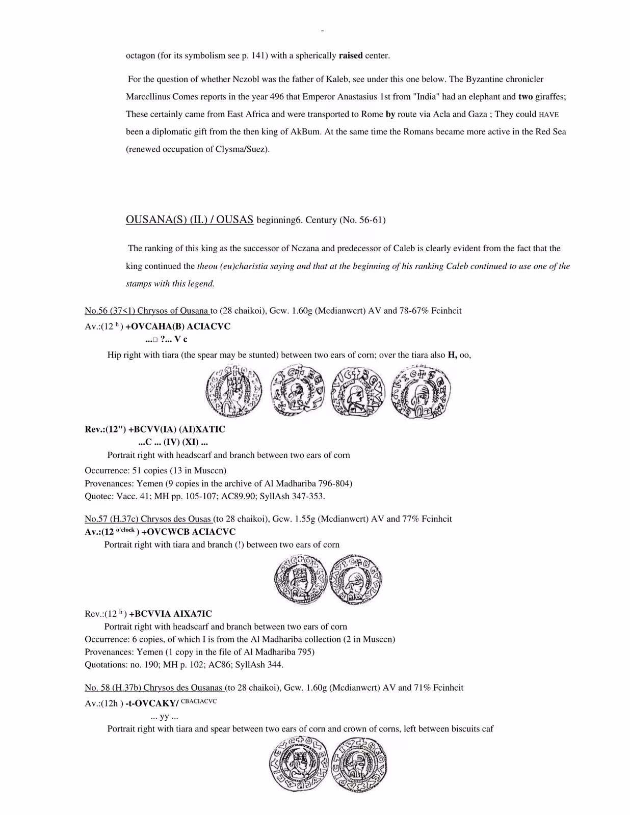 Named catalogue entries: Ousana, Ousas and Ousanas, Nos. 56-58.