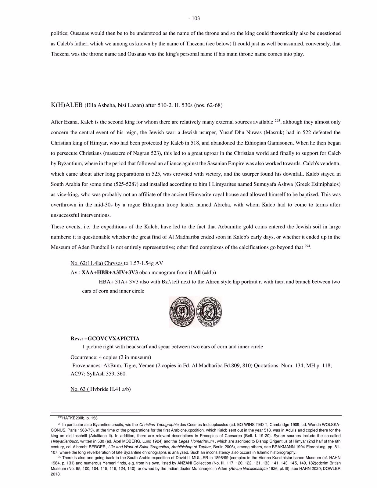 The source begins its named Kaleb section and illustrates his royal coin portraits.