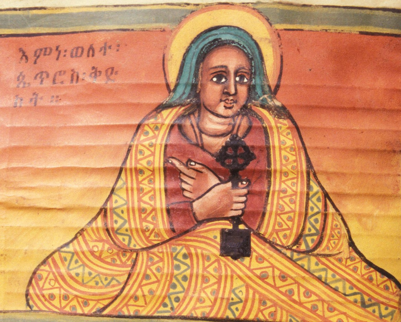 Manuscript portrait of the Ethiopian saint Wälättä P̣eṭros, veiled and holding a hand cross.