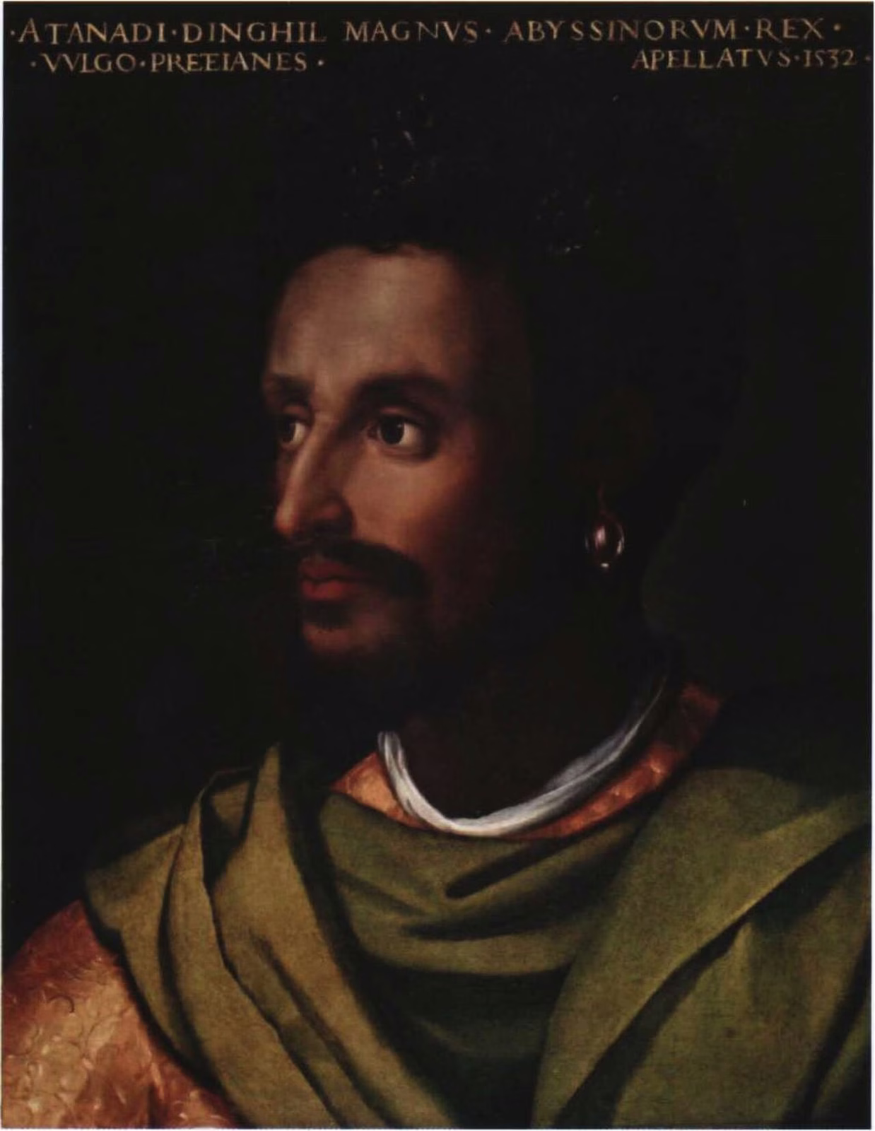 Painted portrait of Emperor Lebna Dengel in profile, wearing a dark cap and patterned robe.