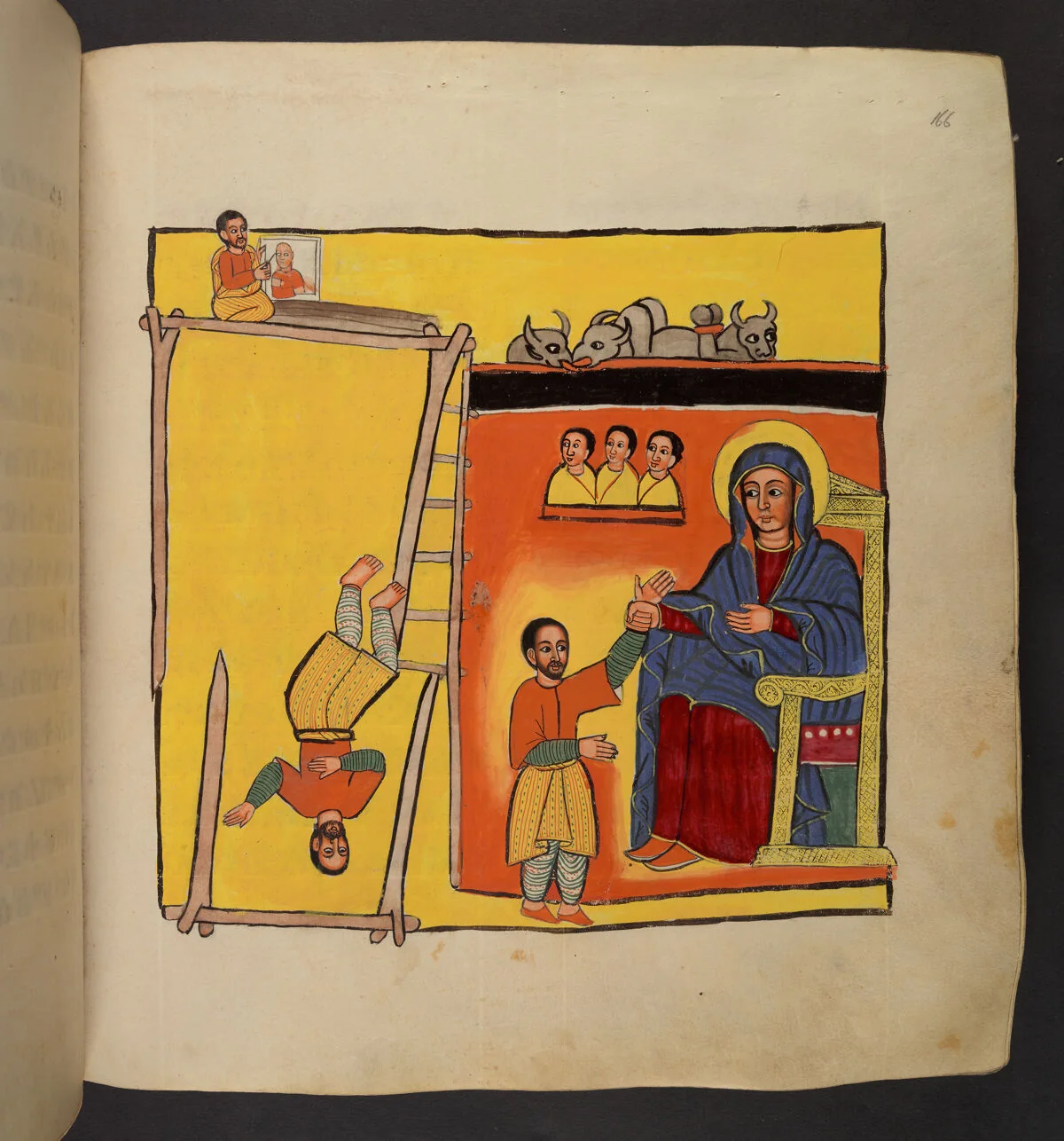 The painter sitting on a scaffold and drawing a scene; The painter falling down from the scaffold; The icon of St Mary, who extends her hand to save the painter; A group of demons look on