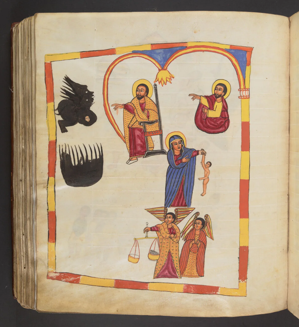 The demons holding the cannibal's soul among the flames of hell before Jesus Christ sitting on a throne; St Mary, who holds the soul of the cannibal, standing before Jesus Christ; Two angels weighing the cannibal's good and bad deeds in a scale