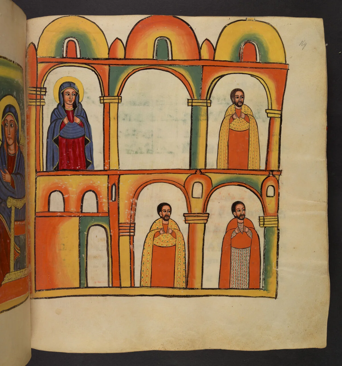 The sick pilgrim standing before the places to which Mary carries him: Jerualem