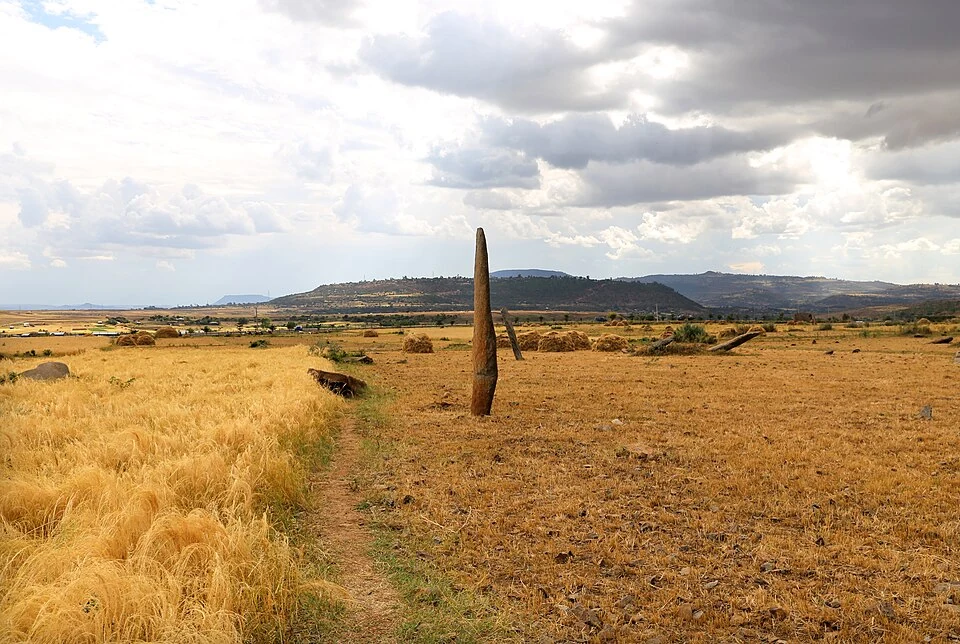 A standing stele in the Gudit field, with the wider landscape beyond.