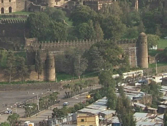 Bakaffa’s Hall and the Fasil Ghebbi enclosure, seen from the Goha Hotel.