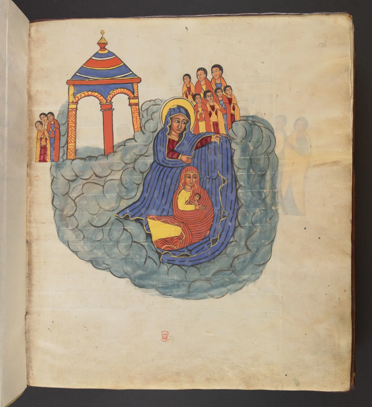A church amongst the waves from which the people are fleeing; The woman holding her new-born child protected by St Mary from the water
