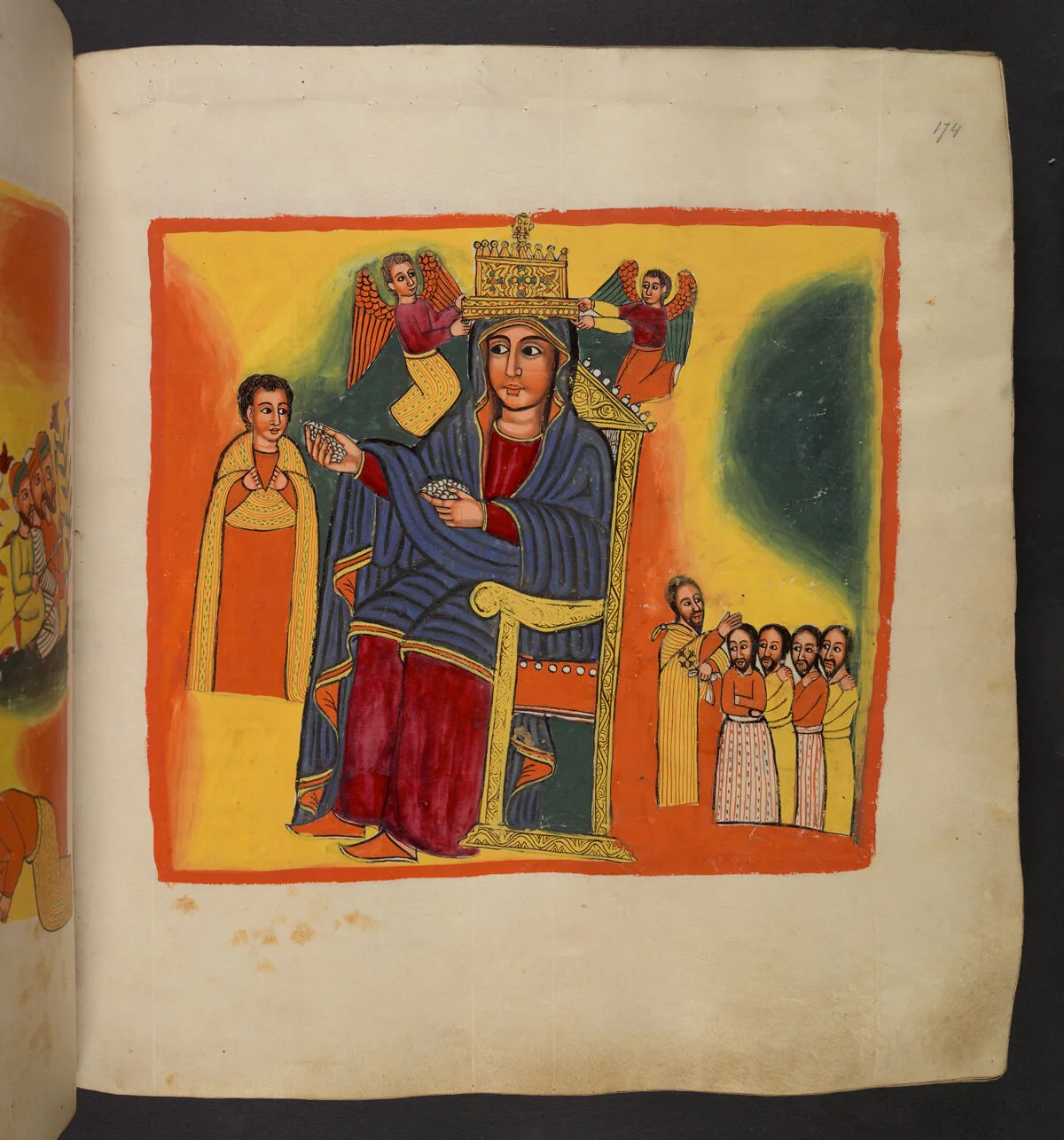 Zakāryās standing before St Mary, who is sitting on a throne surrounded by angels, and collects roses out of his mouth; The thieves being consecrated as monks
