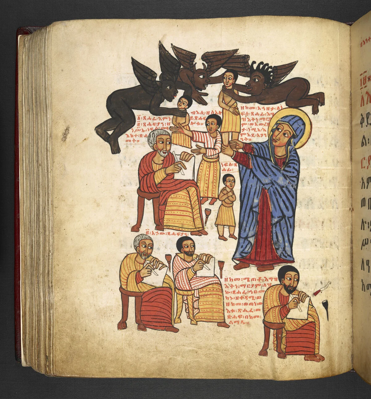 The demons seizing the scribe; One of the brothers sitting and facing the man who commissions a copy of the Taʾāmmǝra Māryām from him; The two brothers sitting and writing next to each other; The scribe sitting again and resuming his writing; St Mary pulling down the scribe from amongs the demons