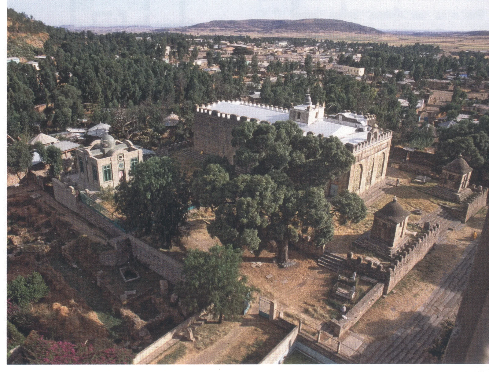Aksum, Maryam Tsion, view of the cathedral compound looking southeast from the top of the modern bell-tower, 1994. In the centre is the seventeenth-century Old Cathedral, standing on a podium of Aksumite origin.