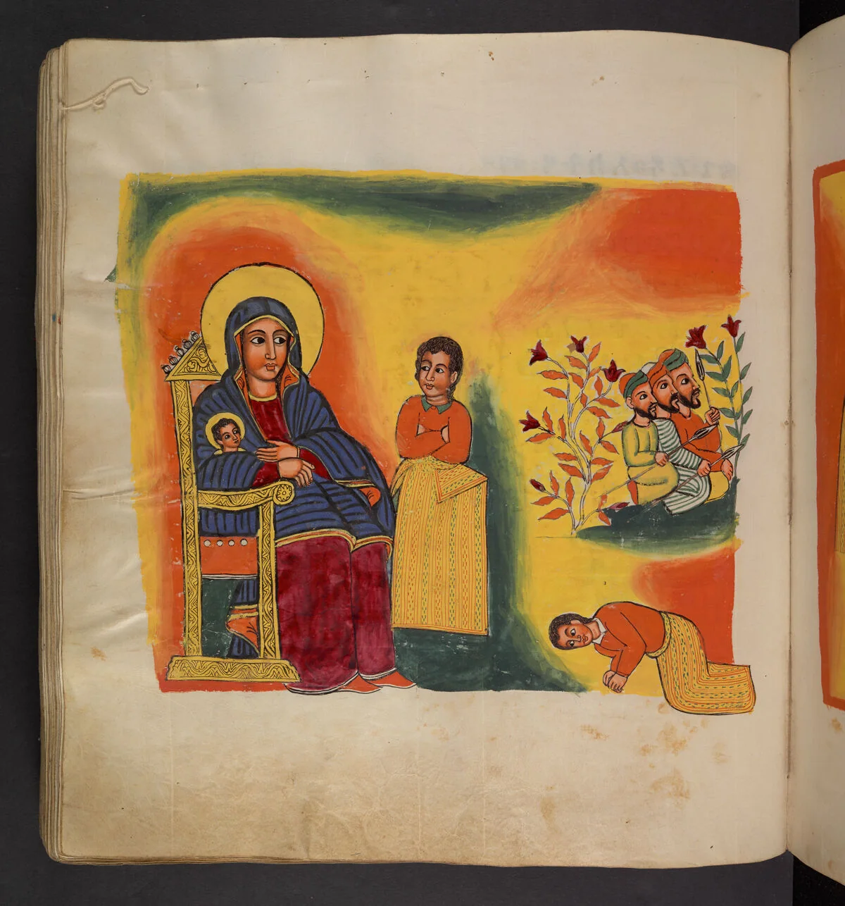 Zakāryās praying the greeting of the angel before the icon of Mary; The thieves hiding behind trees; Zakāryās prosterning himself