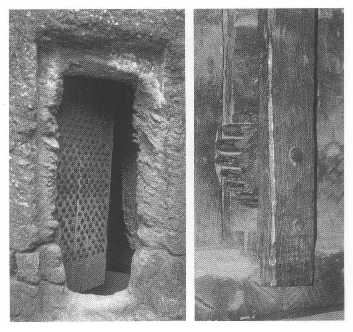 Beta Gabriel-Rafa’el, the door of the northeastern entrance, 2007: left — the studded outer face; right — cogwheel on the inner face, perhaps formerly part of a closing mechanism.