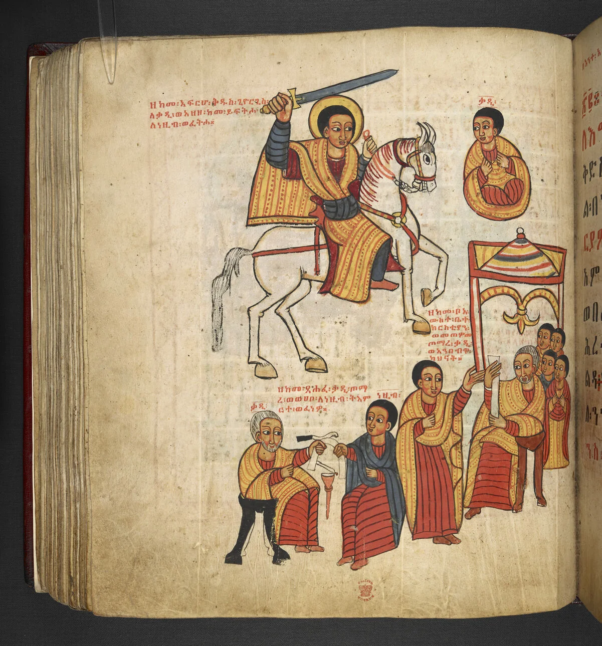 St George of Lydda riding on a horse, brandishing a weapon, and appearing to the judge; The judge handing to Nazib his paper of release; Nazib entering the church, in which the people are gathered, and handing his paper of release to the priest