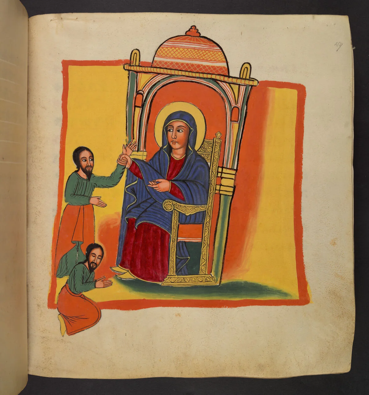 The monk Yǝsḥaq kneeling in prayer; The icon of St Mary taking Yǝsḥaq by the hand and raising him