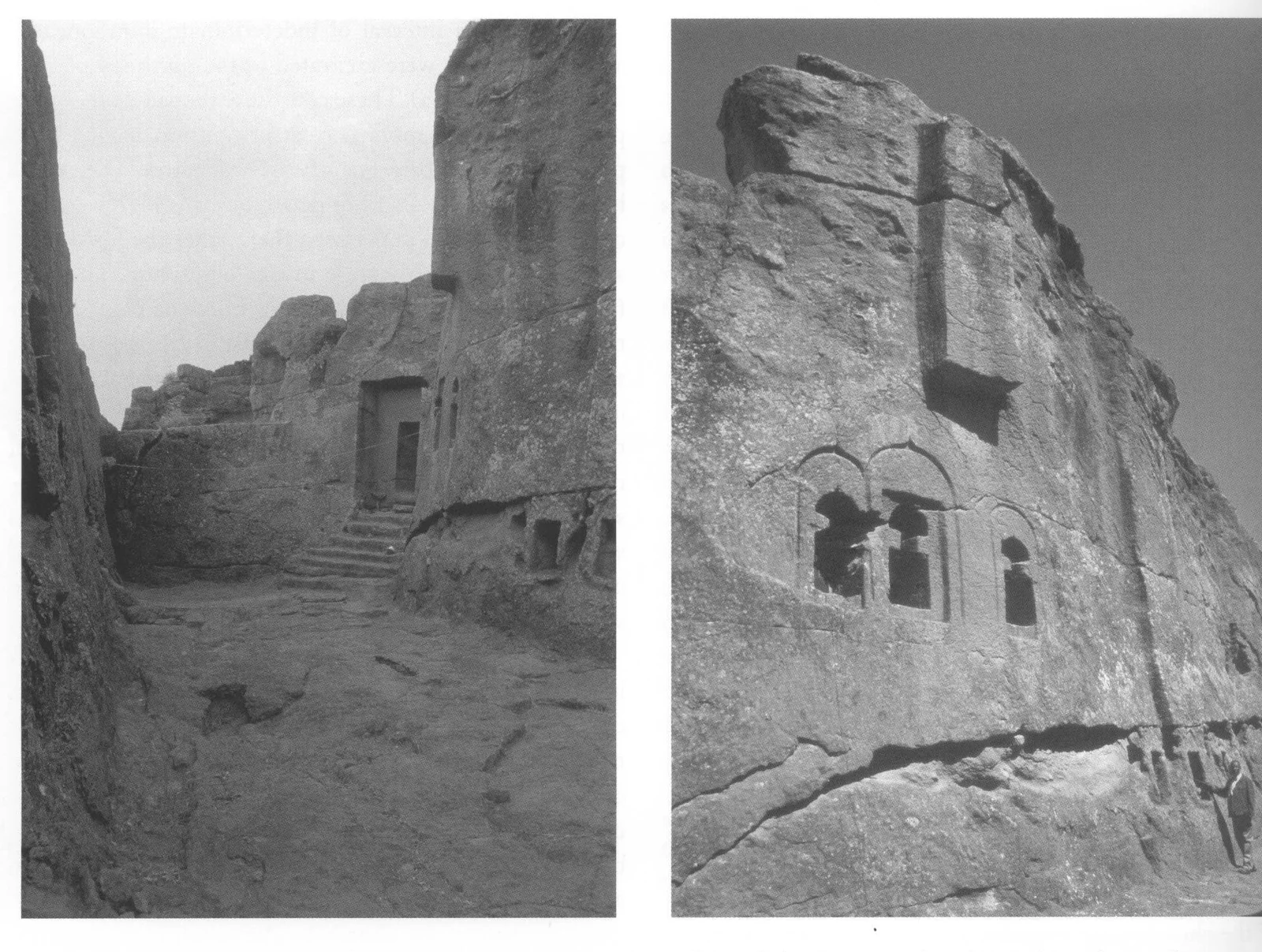 Beta Gabriel-Rafa’el, trapezoidal court: left — the southeast door of Beta Gabriel, 2007; right — the south windows of Beta Gabriel’s sanctuary, showing remains of the buttress that was partly removed when the windows were cut, 2006.