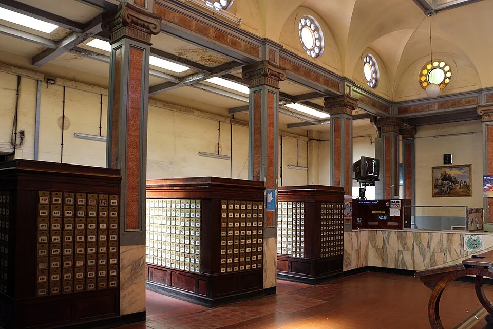 Central Post Office, Asmara: interior columns and post-office boxes.