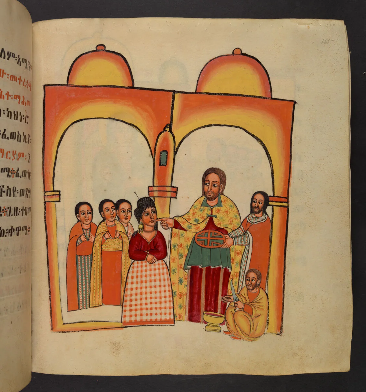 The bishop ʾAbbās standing and distributing communion surrounded by the faithful, among whom is the woman who kisses his hand; The bishop sitting and cutting off his hand
