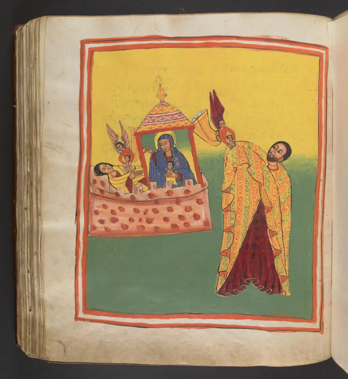 Sofyā lying on top of a building before the icon of the Virgin and Child while an angel carries away the child from her womb; The angel handing the child to Finkǝs