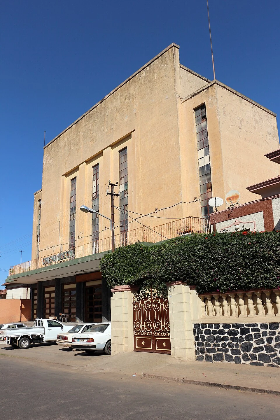 Cinema Odeon in Asmara, seen obliquely from the street.