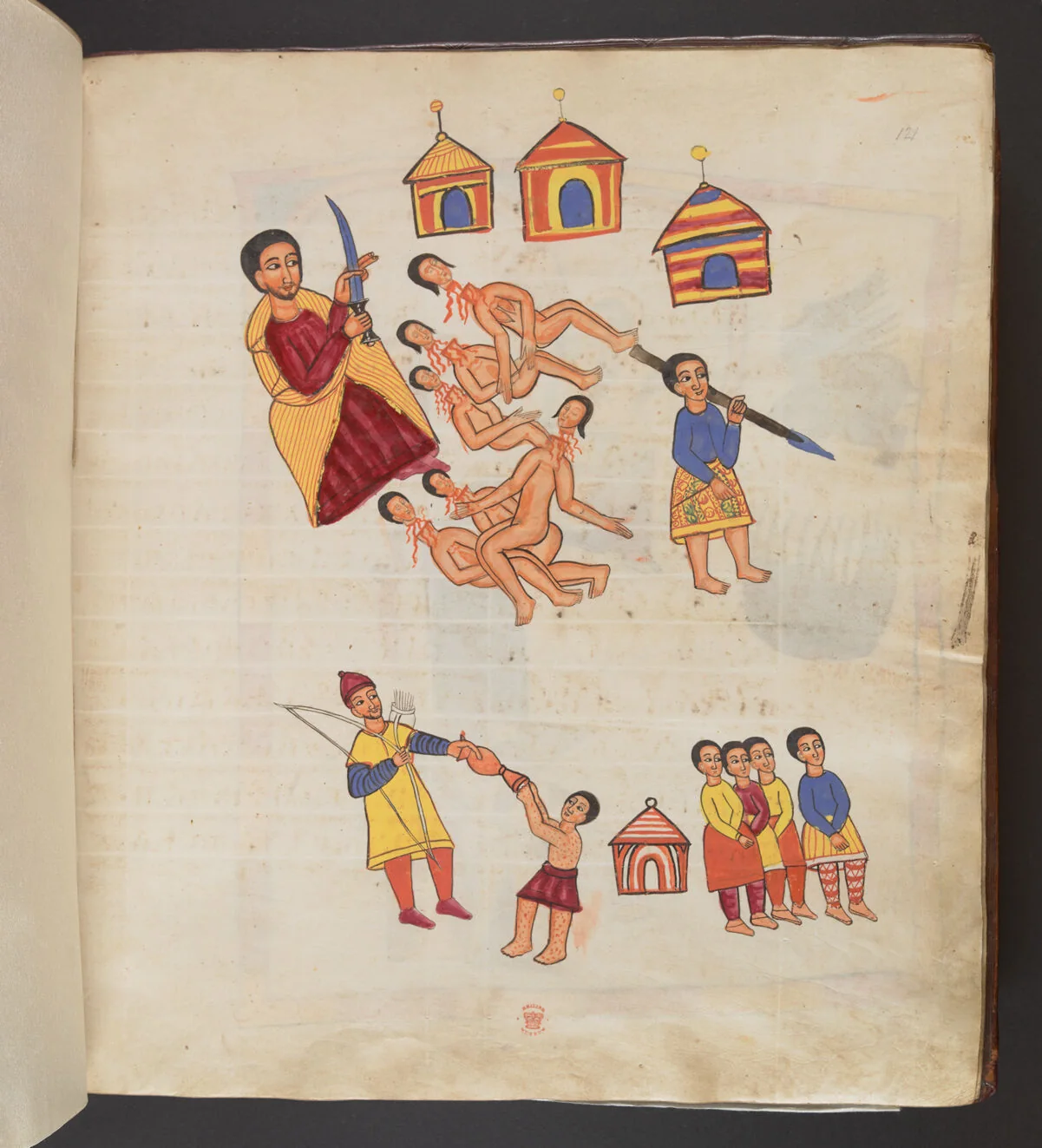 The cannibal surrounded by the bodies of those he killed; The peasant and other inhabitants fleeing from the cannibal, with several houses depicted in the background; The cannibal offering water to a beggar covered by sores of leprosy